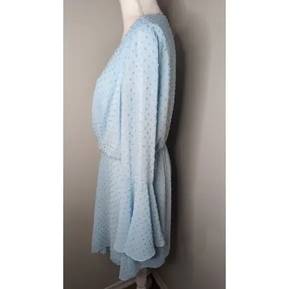 Jay Godfrey Swiss Dot Bell Sleeve Wrap Dress Blue Romantic Designer - Picture 2 of 5